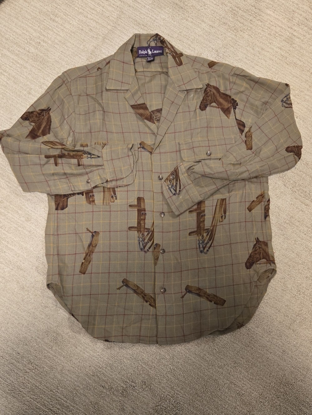 Grail Vintage 1990s Ralph Lauren All Over Horse Equestrian Plaid Wool Button Up